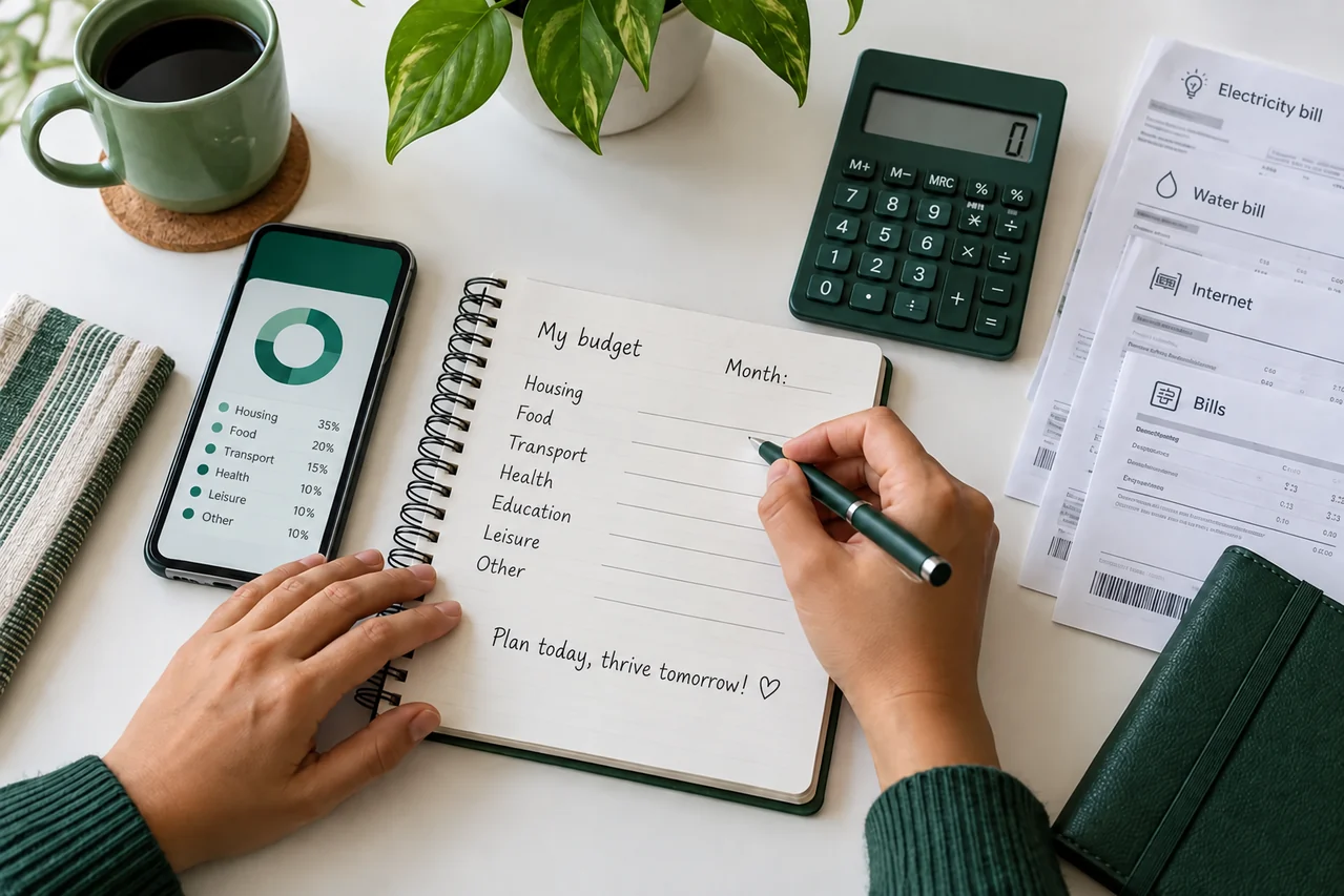 Someone organizing a budget at a white desk with a notebook, phone, and calculator