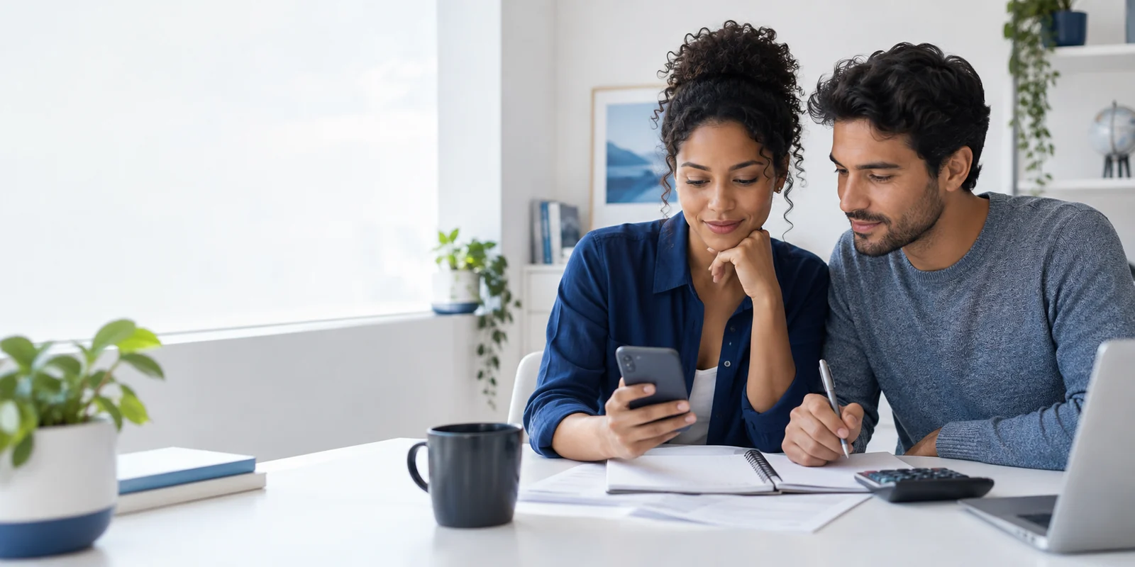 A couple organizing their finances at home with a phone, notebook, and calculator